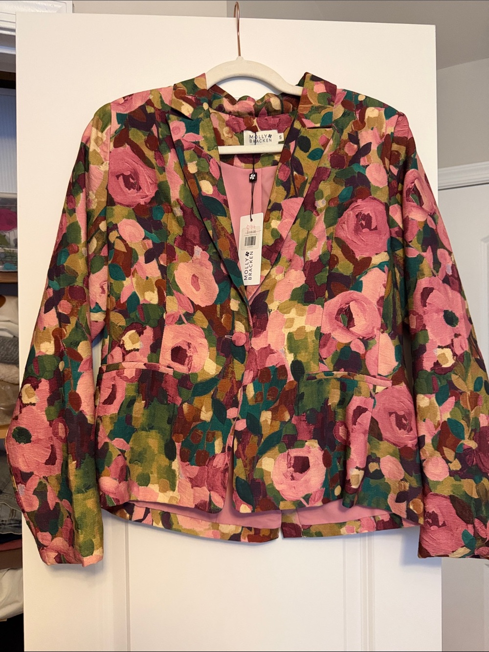 Molly Bracken Rose-Print Blazer Jacket in Pink & Green